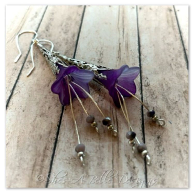 Periwinkle Flower Fairy Trumpet Cascade Earrings in Antique Silver, Lucite Flower Earrings