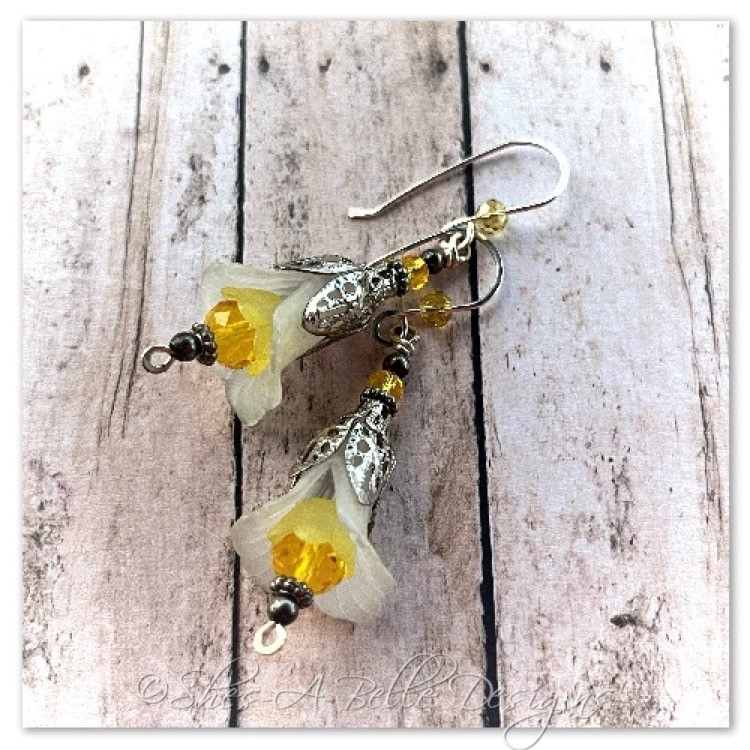 Lemon Drop Fairy Flower Drop Earrings in Antique Silver, Lucite Flower Earrings