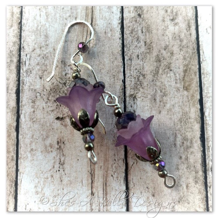 French Lilac Fairy Flower Upside Down Drop Earrings in Antique Silver, Lucite Flower Earrings