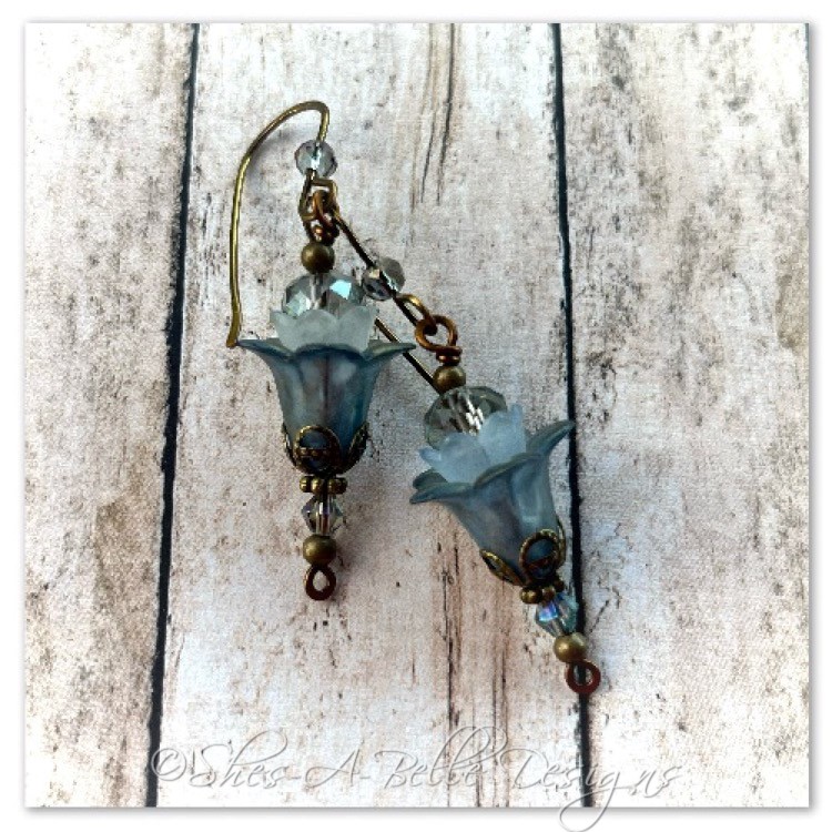 Blueberry Fairy Flower Upside Down Drop Earrings in Antique Bronze, Lucite Flower Earrings