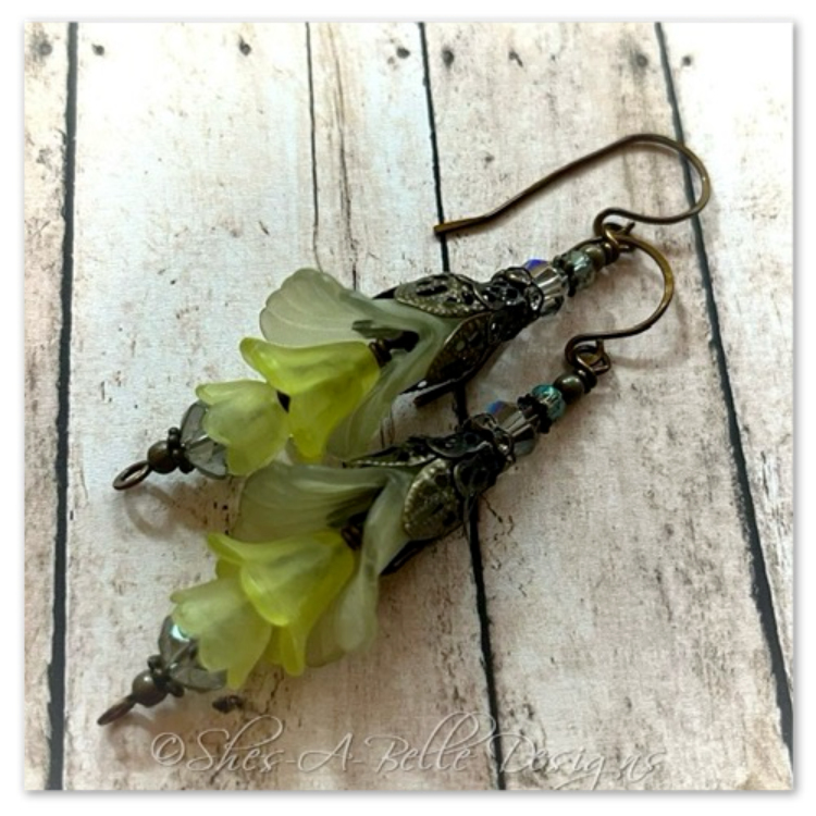 Lime Tree Fairy Flower Trumpet Trail Earrings in Antique Bronze, Lucite Flower Earrings