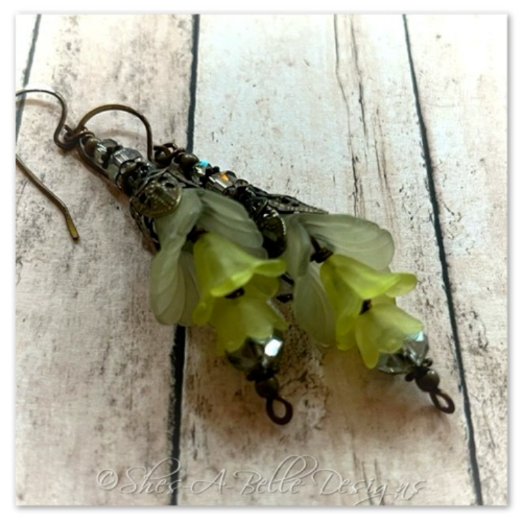 Lime Tree Fairy Flower Trumpet Trail Earrings in Antique Bronze, Lucite Flower Earrings