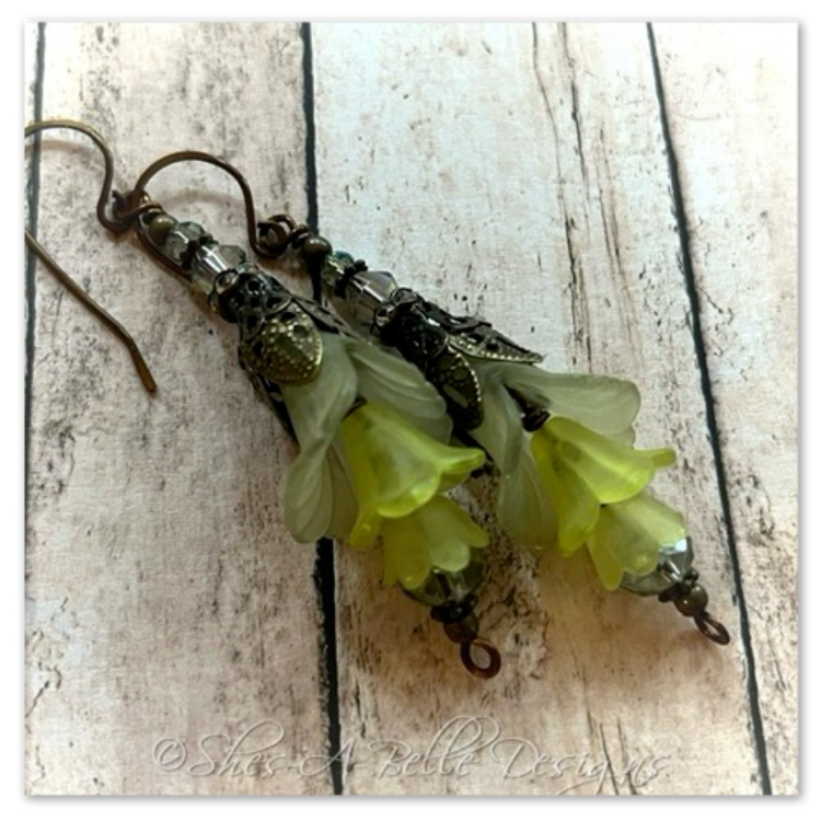 Lime Tree Fairy Flower Trumpet Trail Earrings in Antique Bronze, Lucite Flower Earrings