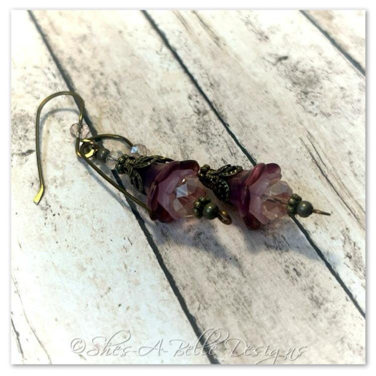 Clover Fairy Flower Drop Earrings in Antique Bronze, Lucite Flower Earrings