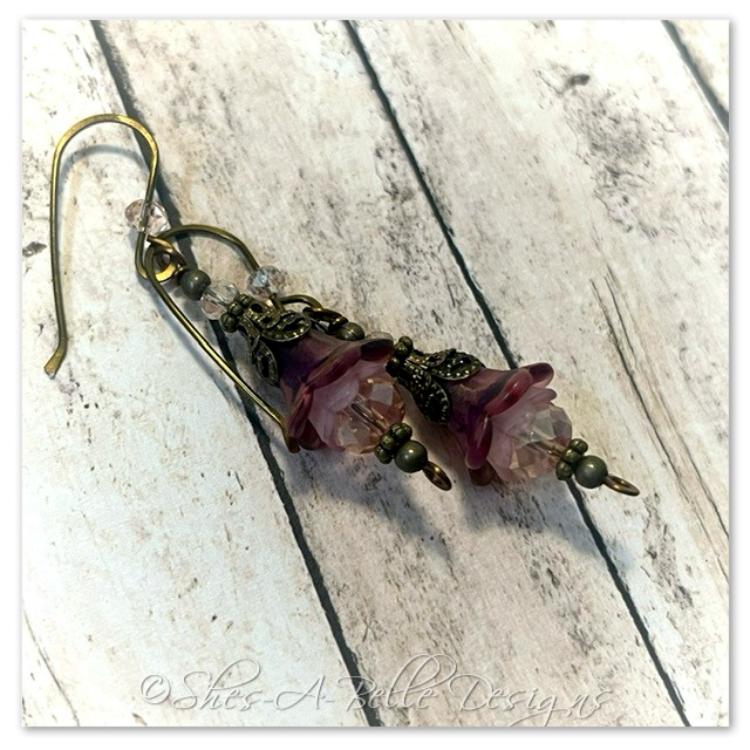 Clover Fairy Flower Drop Earrings in Antique Bronze, Lucite Flower Earrings