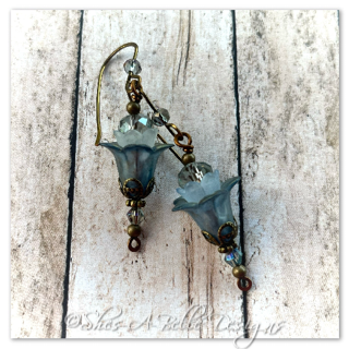 Blueberry Fairy Flower Upside Down Drop Earrings in Antique Bronze, Lucite Flower Earrings