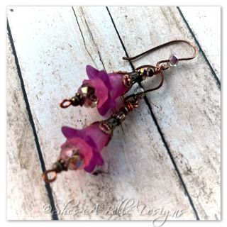 Clover Fairy Flower Drop Earrings in Antique Copper, Lucite Flower Earrings