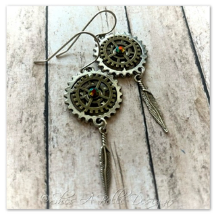 Gearhead Earrings in Antique Silver and Bronze, Steampunk Earrings