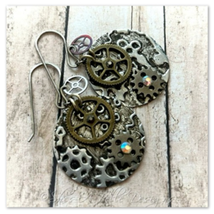 Gearhead Embossed Steampunk Earrings in Mixed Metals, Steampunk Style