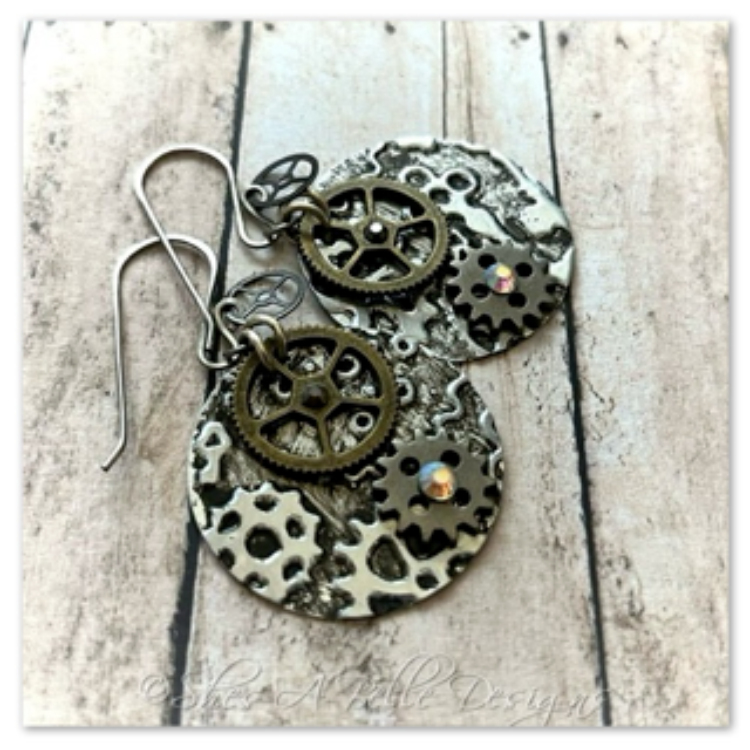 Gearhead Embossed Steampunk Earrings in Mixed Metals, Steampunk Style