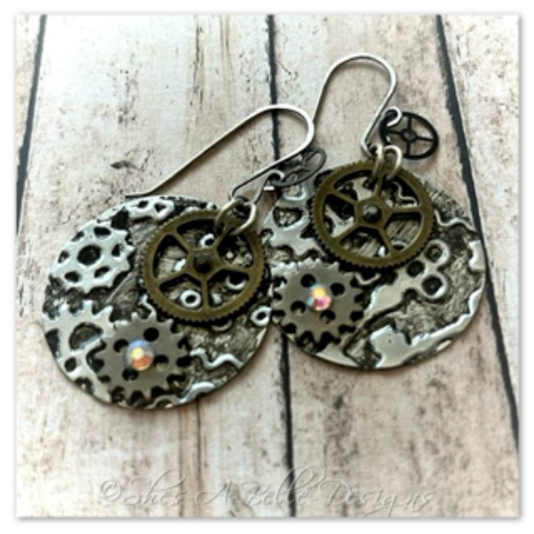 Gearhead Embossed Steampunk Earrings in Mixed Metals, Steampunk Style