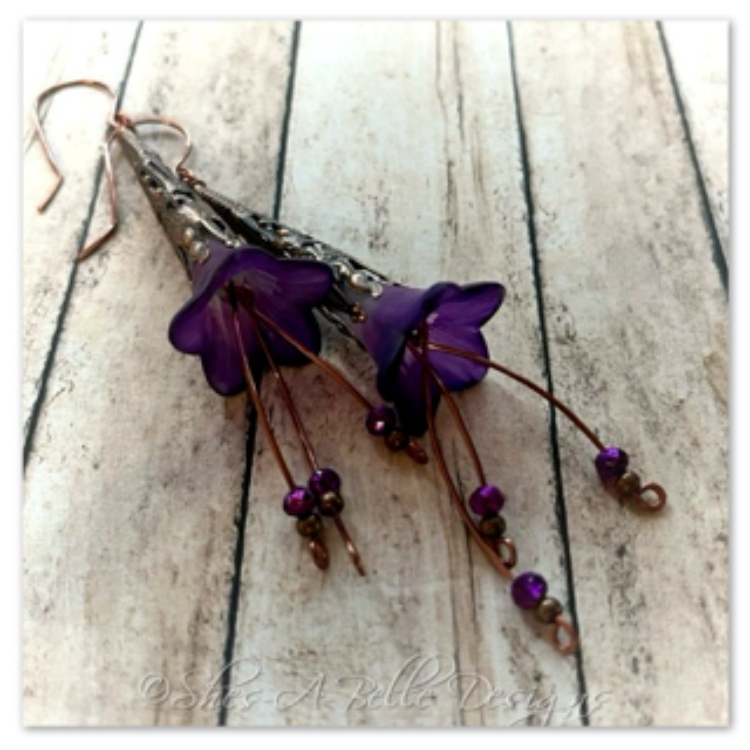 Blackberry Fairy Flower Trumpet Cascade Earrings in Antique Copper, Lucite Flower Earrings