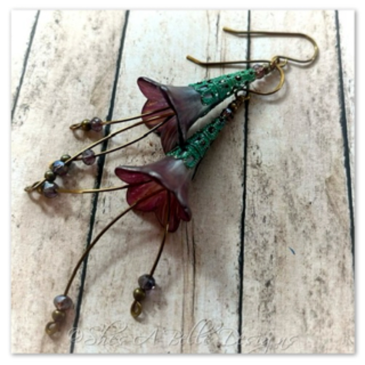 Blackberry Fairy Flower Trumpet Cascade Earrings in Antique Bronze Patina, Lucite Flower Earrings