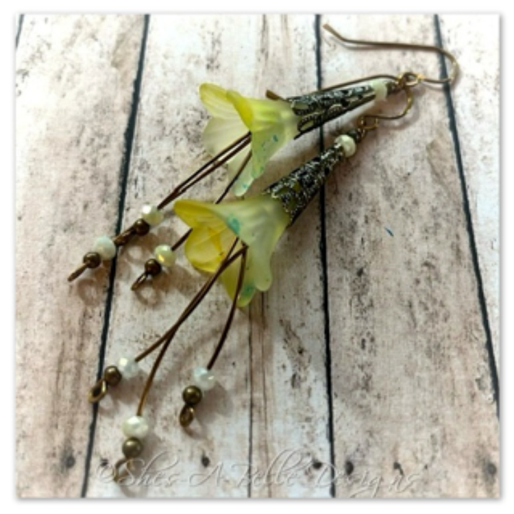 Lemon Drop Fairy Flower Trumpet Cascade Earrings in Antique Bronze, Lucite Flower Earrings