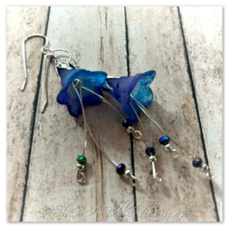 Forget Me Not Fairy Flower Cascade Earrings in Antique Silver, Lucite Flower Earrings