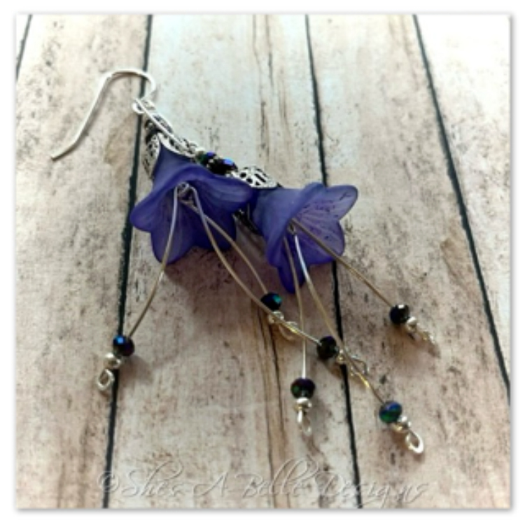 Periwinkle Flower Fairy Cascade Earrings in Antique Silver, Lucite Flower Earrings