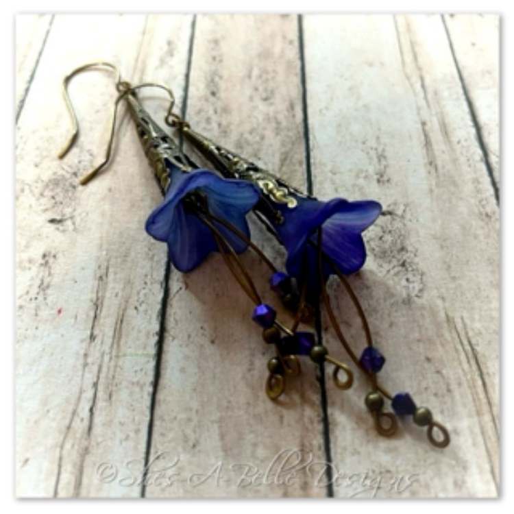 Morning Glory Fairy Flower Trumpet Cascade Earrings in Antique Bronze, Lucite Flower Earrings