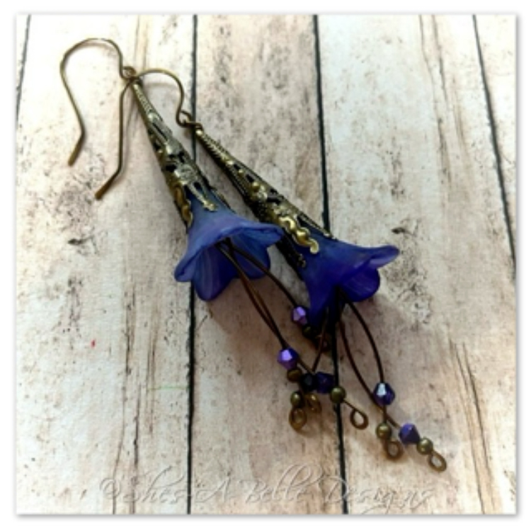 Morning Glory Fairy Flower Trumpet Cascade Earrings in Antique Bronze, Lucite Flower Earrings