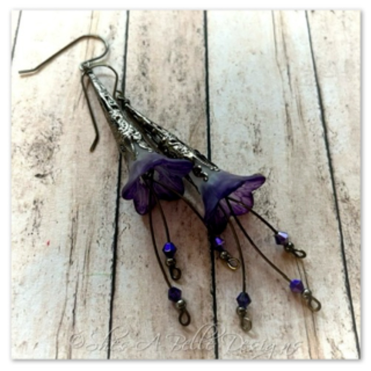 Periwinkle Fairy Flower Trumpet Cascade Earrings in Gunmetal, Lucite Flower Earrings