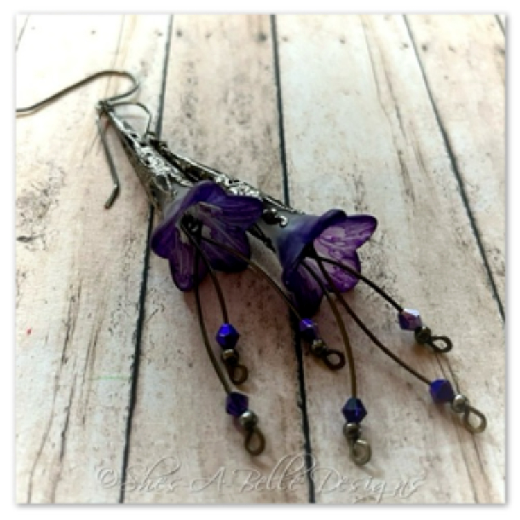 Periwinkle Fairy Flower Trumpet Cascade Earrings in Gunmetal, Lucite Flower Earrings