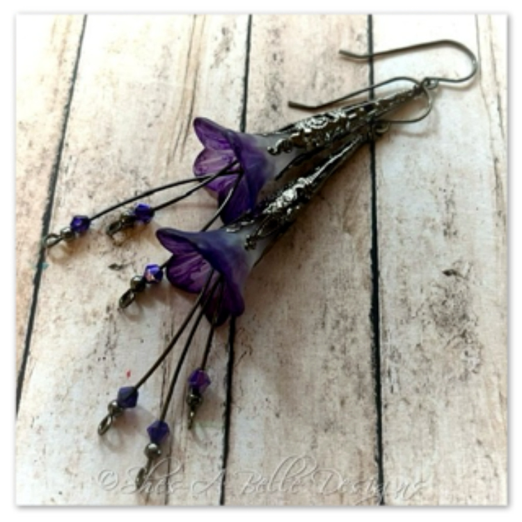 Periwinkle Fairy Flower Trumpet Cascade Earrings in Gunmetal, Lucite Flower Earrings