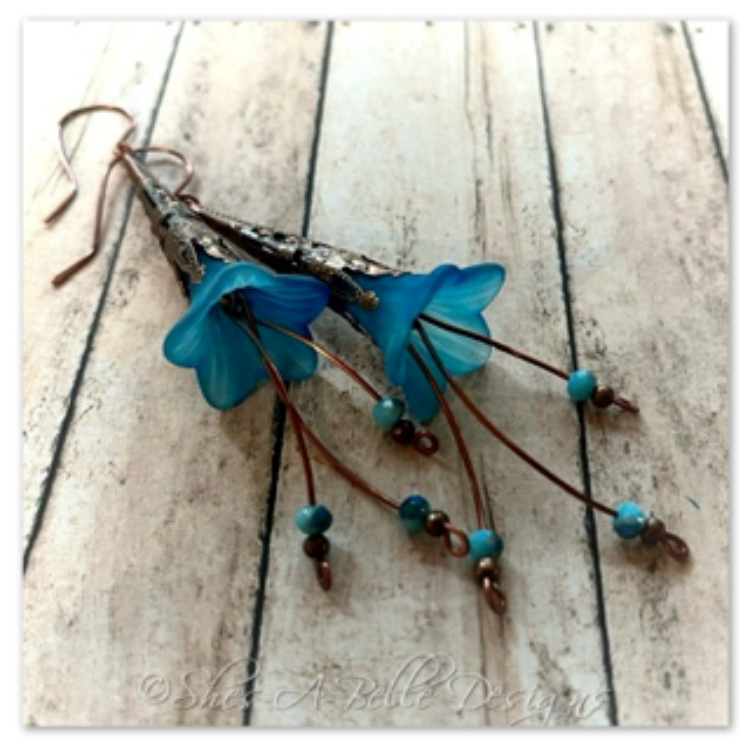 Morning Glory Fairy Flower Trumpet Cascade Earrings in Antique Copper, Lucite Flower Earrings