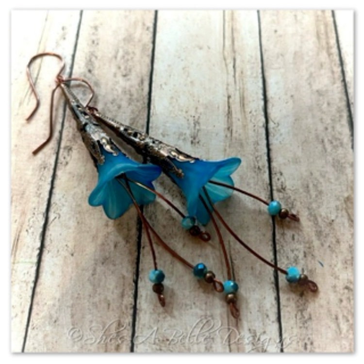 Morning Glory Fairy Flower Trumpet Cascade Earrings in Antique Copper, Lucite Flower Earrings