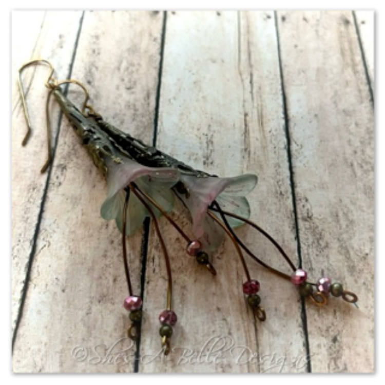 Apple Blossom Fairy Flower Trumpet Cascade Earrings in Antique Bronze, Lucite Flower Earrings