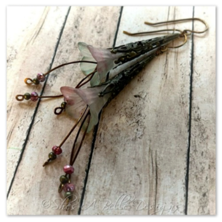 Apple Blossom Fairy Flower Trumpet Cascade Earrings in Antique Bronze, Lucite Flower Earrings