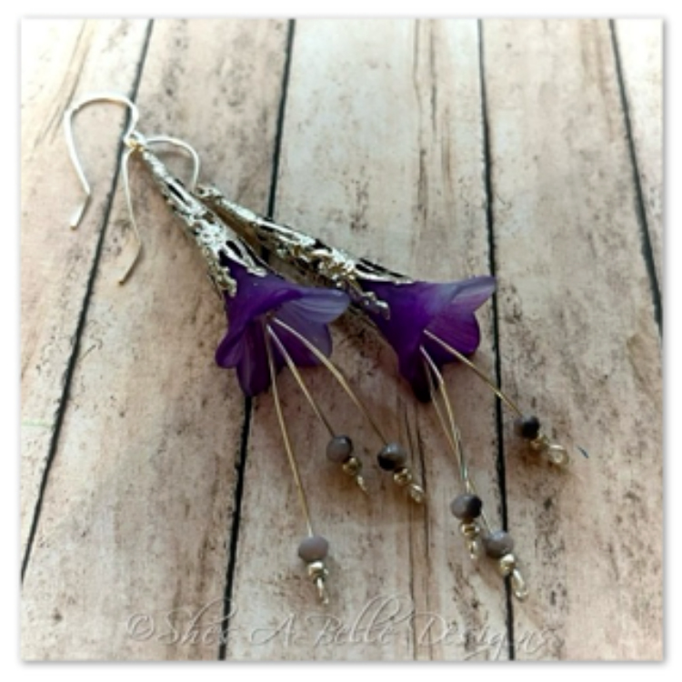 Periwinkle Flower Fairy Trumpet Cascade Earrings in Antique Silver, Lucite Flower Earrings