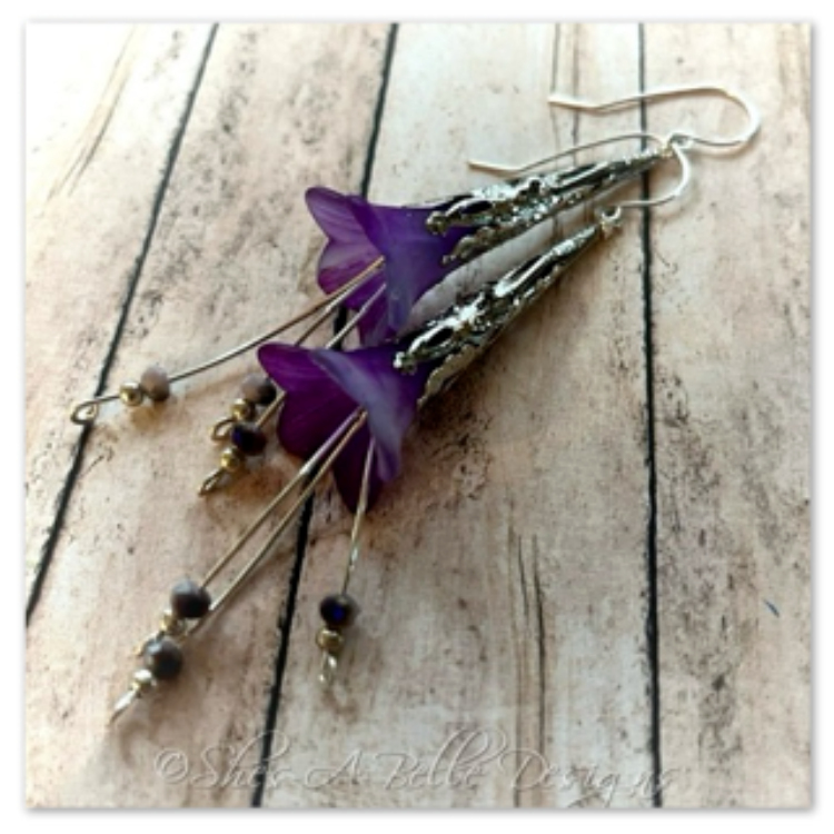 Periwinkle Flower Fairy Trumpet Cascade Earrings in Antique Silver, Lucite Flower Earrings