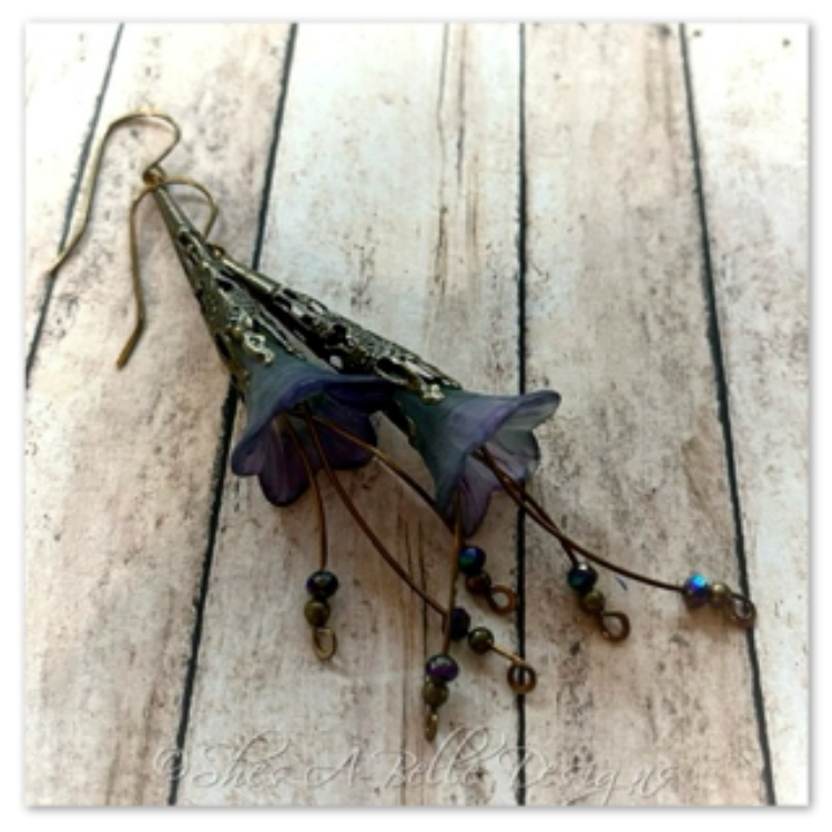 Periwinkle Fairy Flower Trumpet Cascade Earrings in Antique Bronze, Lucite Flower Earrings