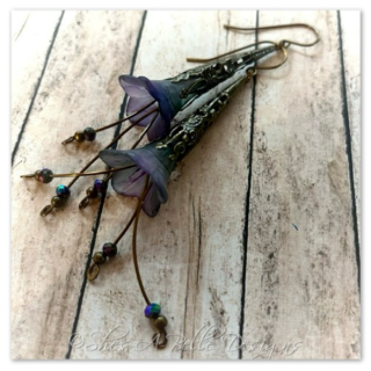 Periwinkle Fairy Flower Trumpet Cascade Earrings in Antique Bronze, Lucite Flower Earrings