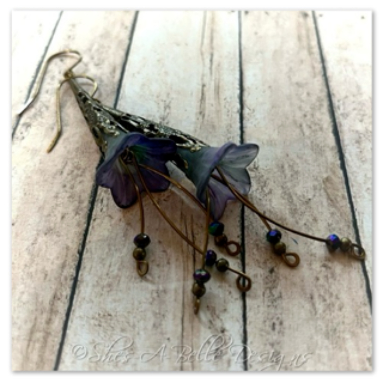 Periwinkle Fairy Flower Trumpet Cascade Earrings in Antique Bronze, Lucite Flower Earrings