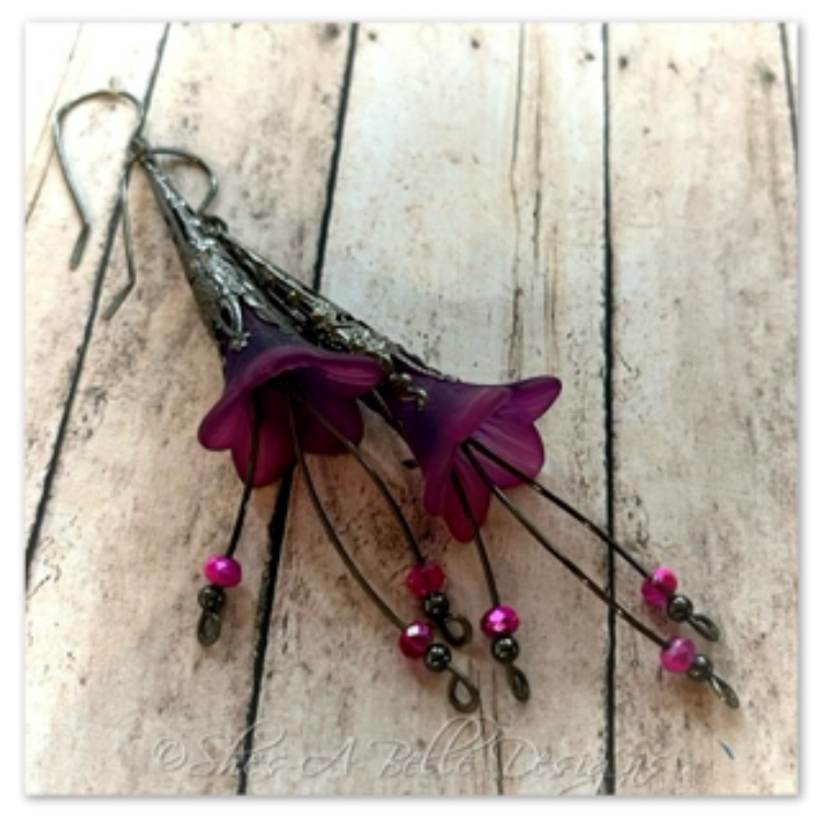 Blackberry Fairy Flower Trumpet Cascade Earrings in Gunmetal, Lucite Flower Earrings