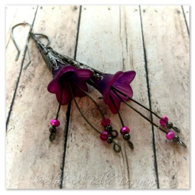 Blackberry Fairy Flower Trumpet Cascade Earrings in Gunmetal, Lucite Flower Earrings