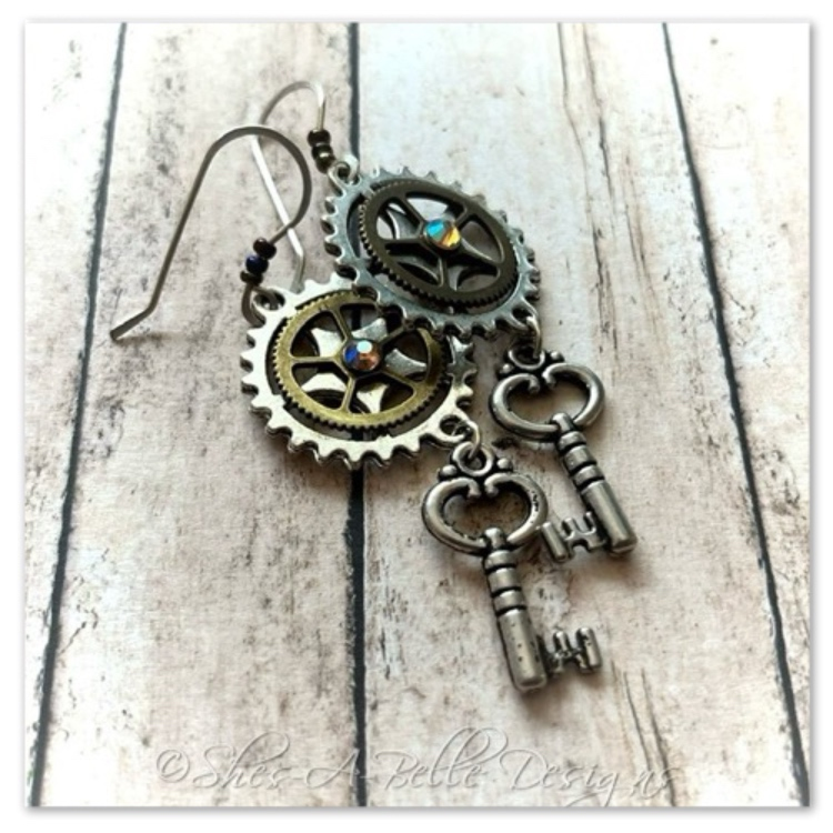 Gearhead Steampunk Earrings in Antique Silver and Antique Bronze, Steampunk Style