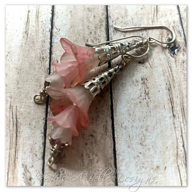 Apple Blossom Fairy Flower Trumpet Drop Earrings in Bright Silver, Lucite Flower Earrings