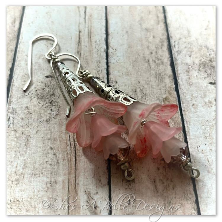 Apple Blossom Fairy Flower Trumpet Drop Earrings in Bright Silver, Lucite Flower Earrings