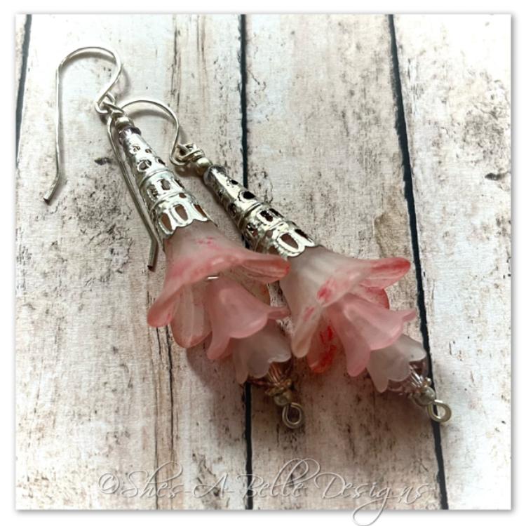 Apple Blossom Fairy Flower Trumpet Drop Earrings in Bright Silver, Lucite Flower Earrings