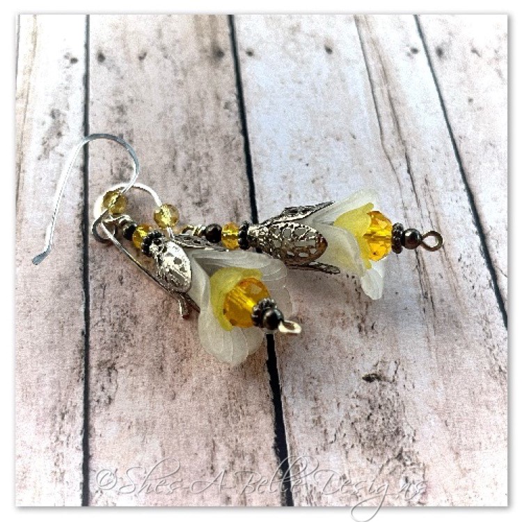 Lemon Drop Fairy Flower Drop Earrings in Antique Silver, Lucite Flower Earrings