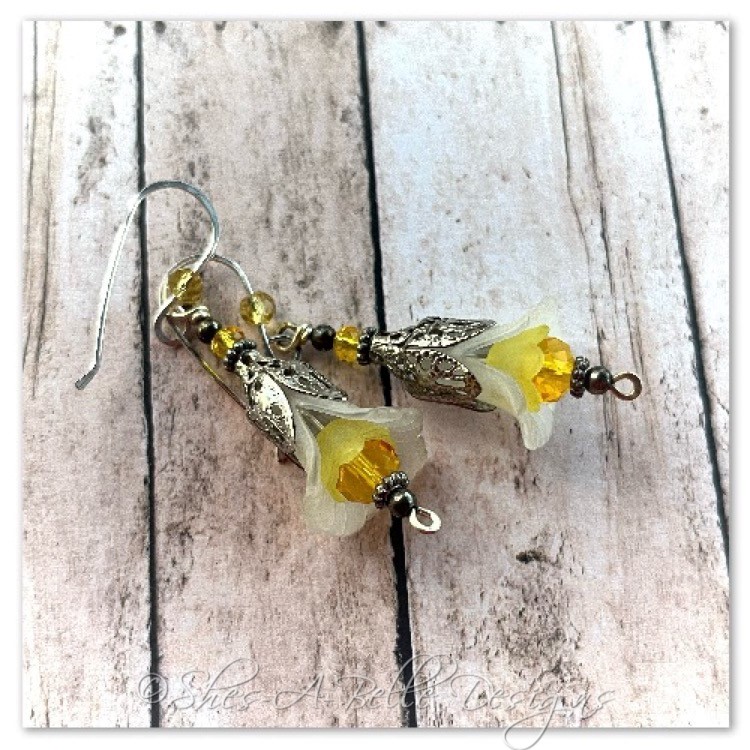 Lemon Drop Fairy Flower Drop Earrings in Antique Silver, Lucite Flower Earrings