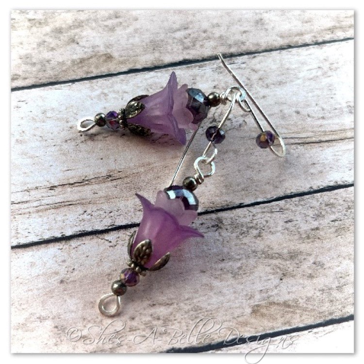 French Lilac Fairy Flower Upside Down Drop Earrings in Antique Silver, Lucite Flower Earrings