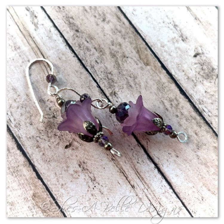 French Lilac Fairy Flower Upside Down Drop Earrings in Antique Silver, Lucite Flower Earrings