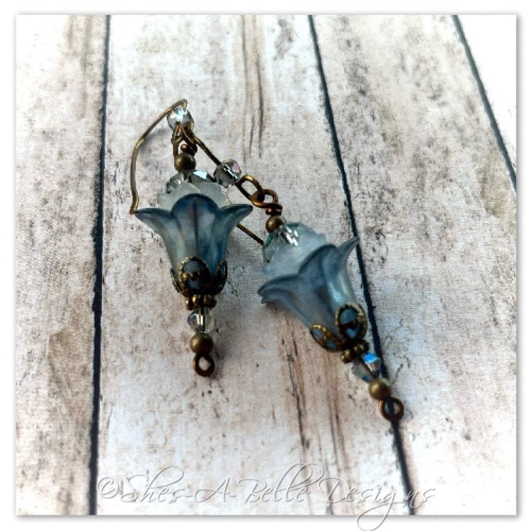 Blueberry Fairy Flower Upside Down Drop Earrings in Antique Bronze, Lucite Flower Earrings