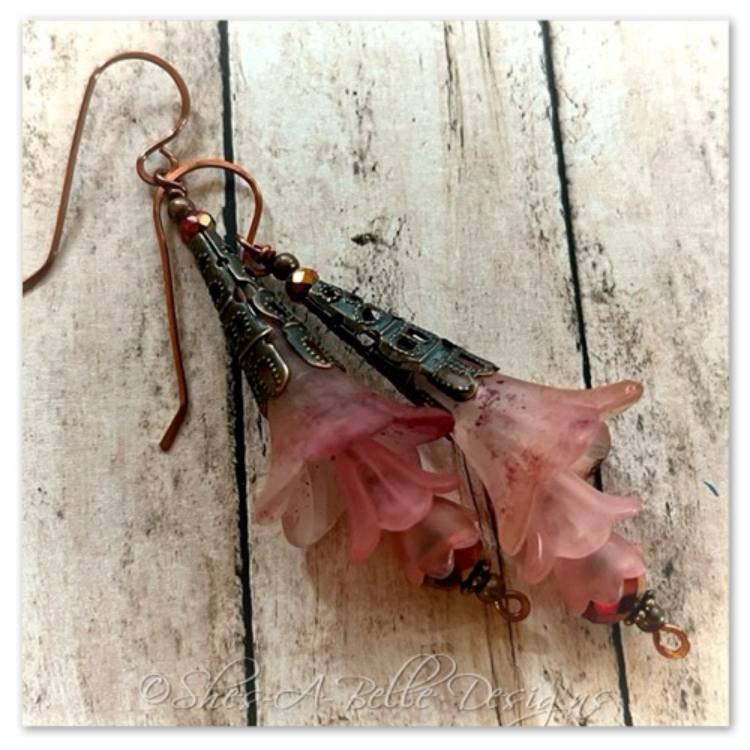 Cherry Blossom Fairy Flower Trumpet Trail Earrings in Antique Copper, Lucite Flower Earrings