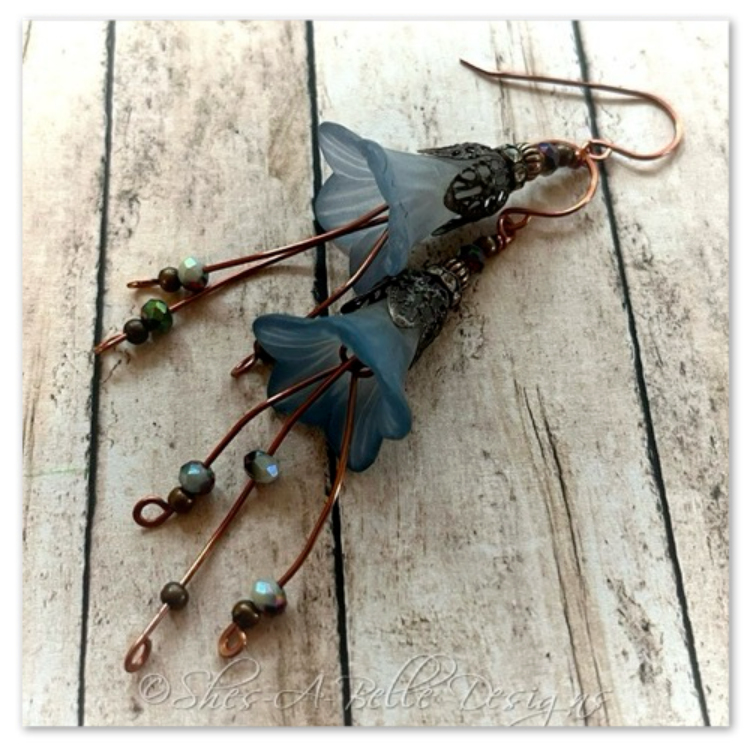 Blue Spruce Fairy Flower Cascade  Earrings in Antique Copper, Lucite Flower Earrings