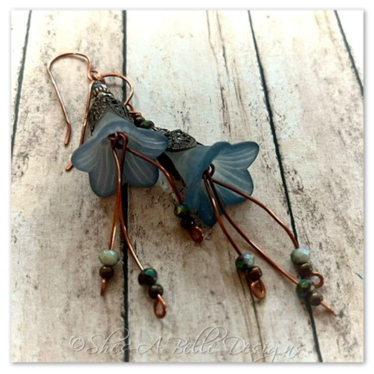 Blue Spruce Fairy Flower Cascade  Earrings in Antique Copper, Lucite Flower Earrings