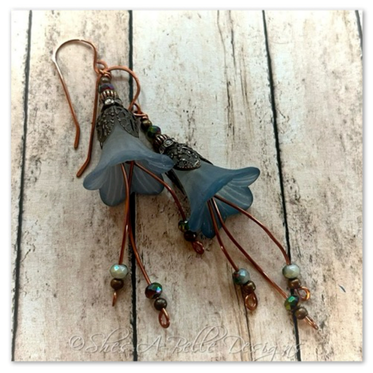 Blue Spruce Fairy Flower Cascade  Earrings in Antique Copper, Lucite Flower Earrings