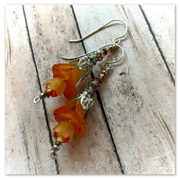 Orange Blossom Fairy Flower Drop Earrings in Antique Silver, Lucite Flower Earrings